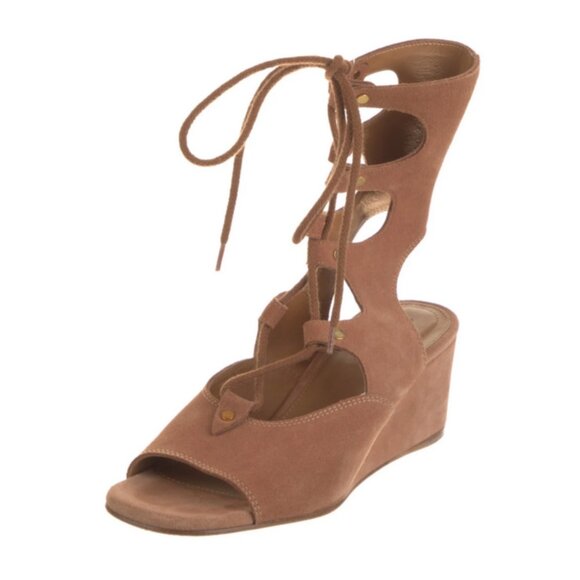 🐪 Chloé Camel Suede Gladiator Sandals | Lace-Up Greek Chic Low Heel - Picture 3 of 13